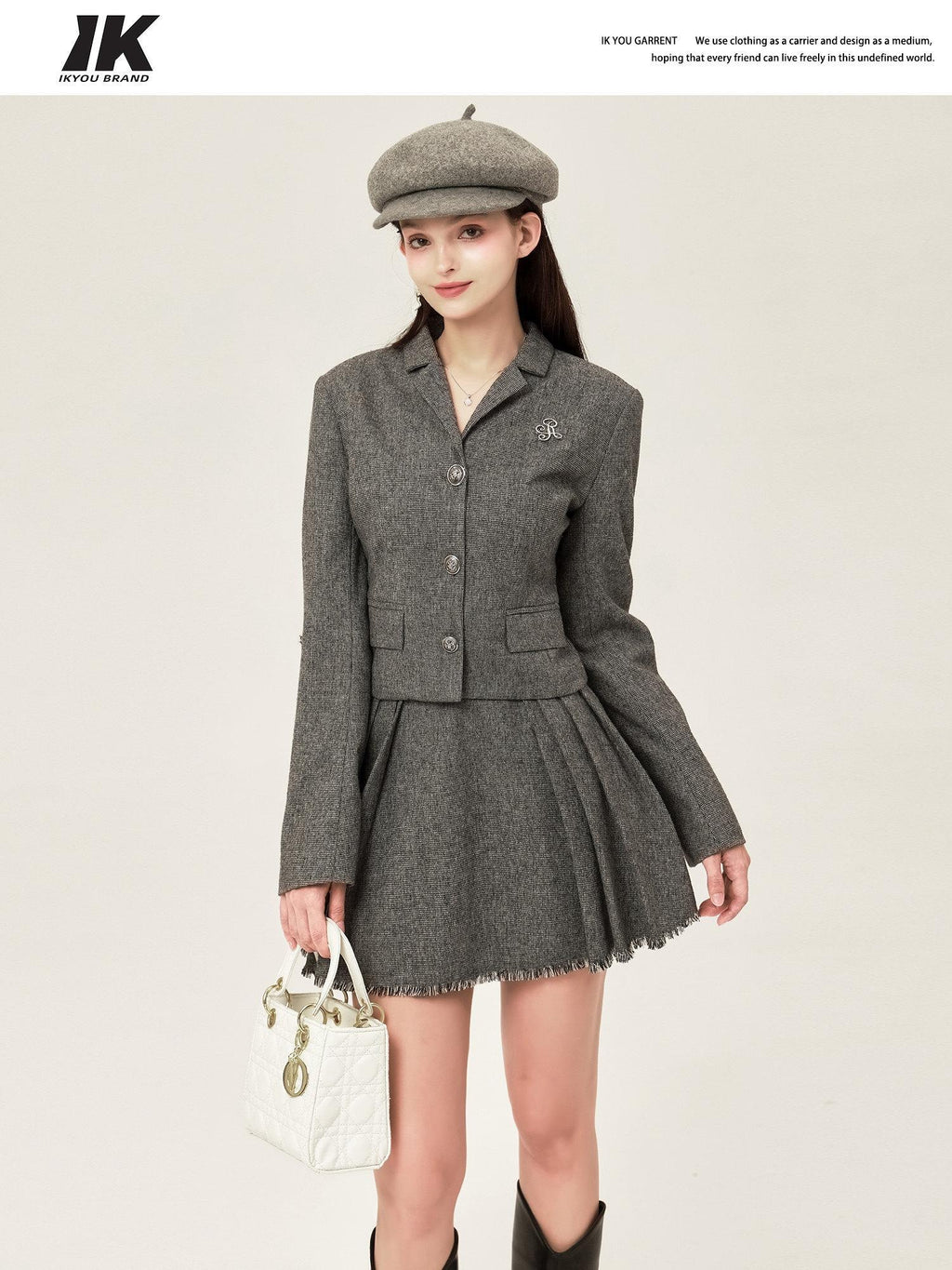 ikyou Tassel Button Slim Fit Square Neck Long Sleeve Work Gray Brown Top & Skirt Sets