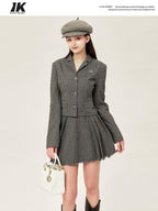 ikyou Tassel Button Slim Fit Square Neck Long Sleeve Work Gray Brown Top & Skirt Sets