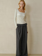 someonesometimes Soft Stretch Casual Ruffle Hem Women Heather Grey Viscose Blend Wide Leg Pants