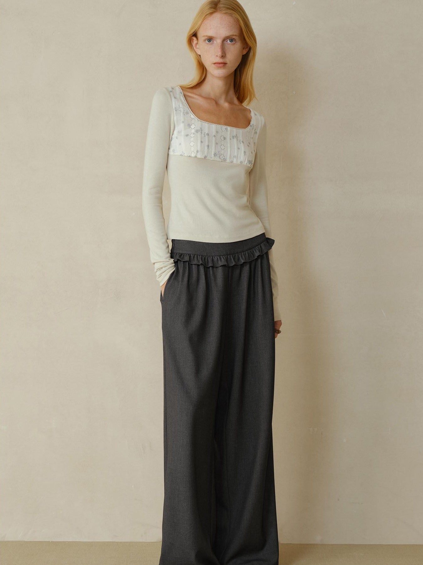 someonesometimes Soft Stretch Casual Ruffle Hem Women Heather Grey Viscose Blend Wide Leg Pants