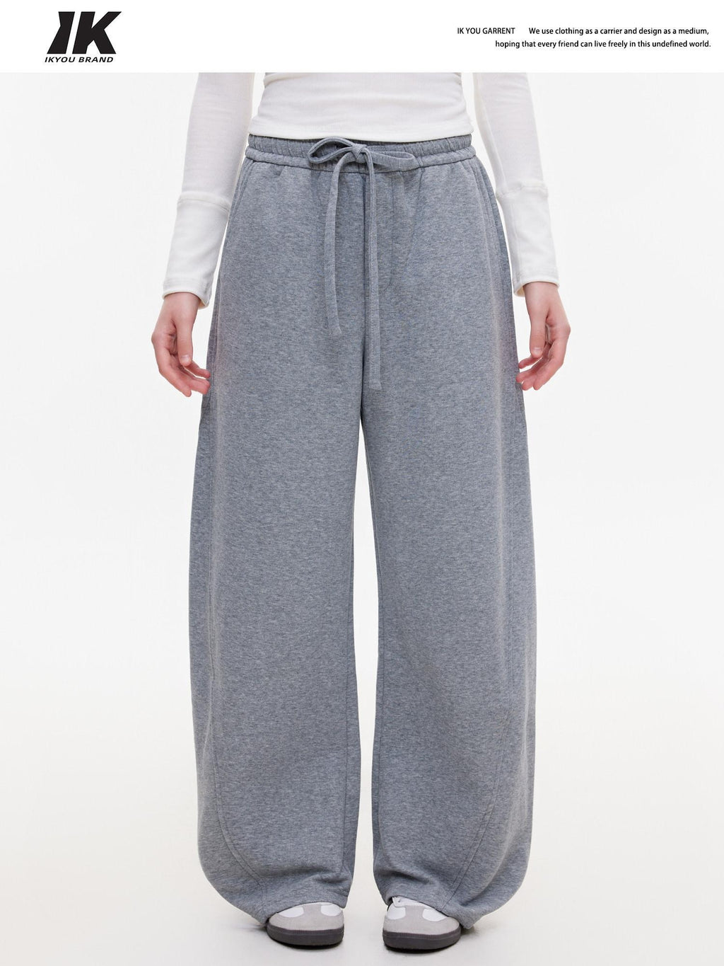 ikyou Warm Casual Pockets Elastic Waist Women Light Gray Stretch Wide Leg Pants