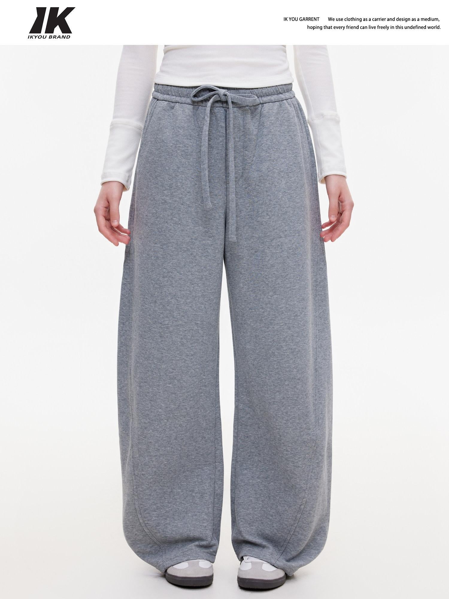 ikyou Warm Casual Pockets Elastic Waist Women Light Gray Stretch Wide Leg Pants