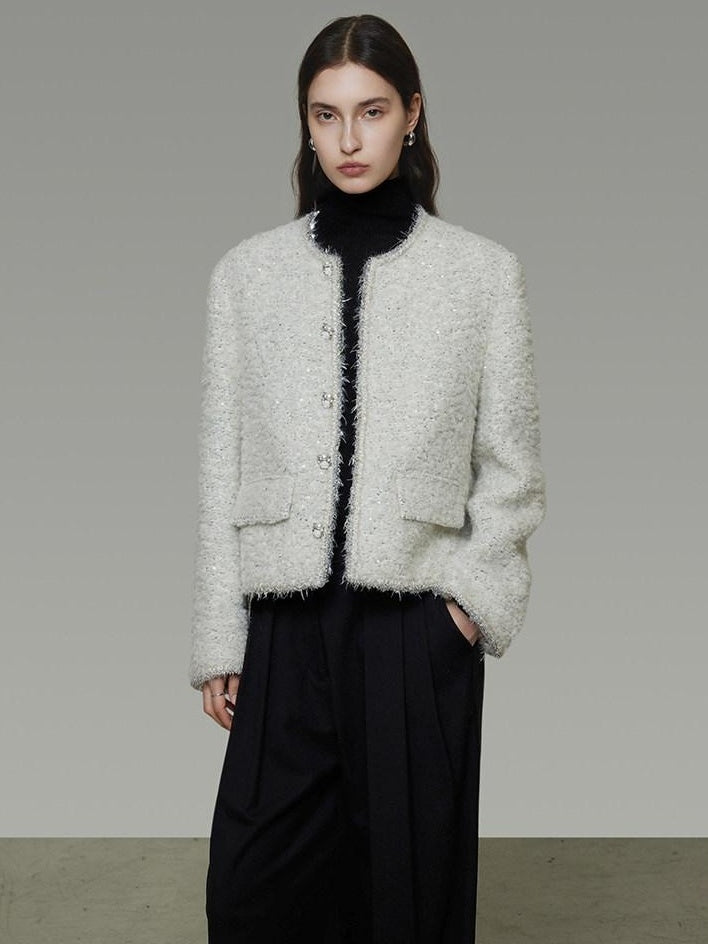 unspoken Lambswool Minimal Commuter Loose Single Button Round Neck Women Cropped Jackets