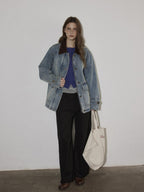 Lofi choose Cotton Colorblock Loose Fit Women Button Midlength Blue Denim Jackets