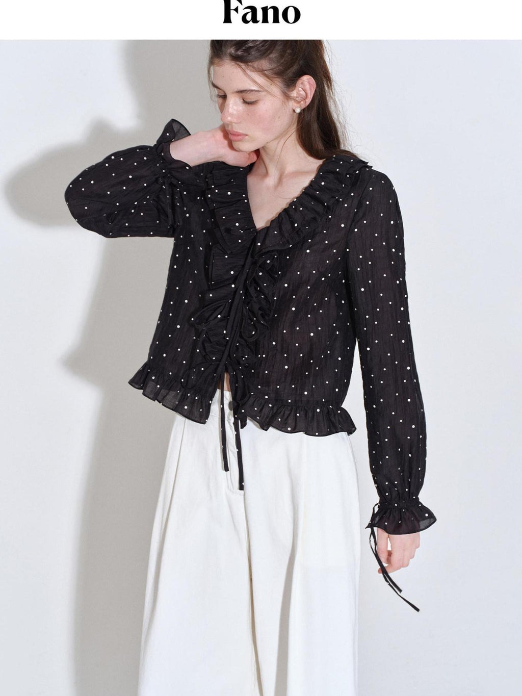 fano Shape Retaining Lyocell Korean Slim Fit V-neck Long Sleeve Polka Dot Blouses