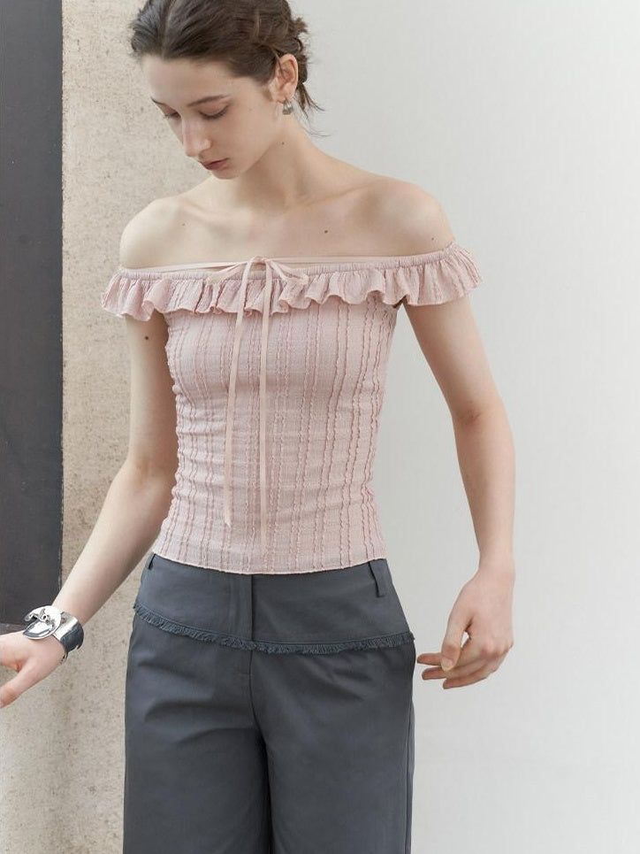 someonesometimes Lace Tie Slim Fit Short Solid Mauve Cream Daily Chic Off Shoulder Crop Tops