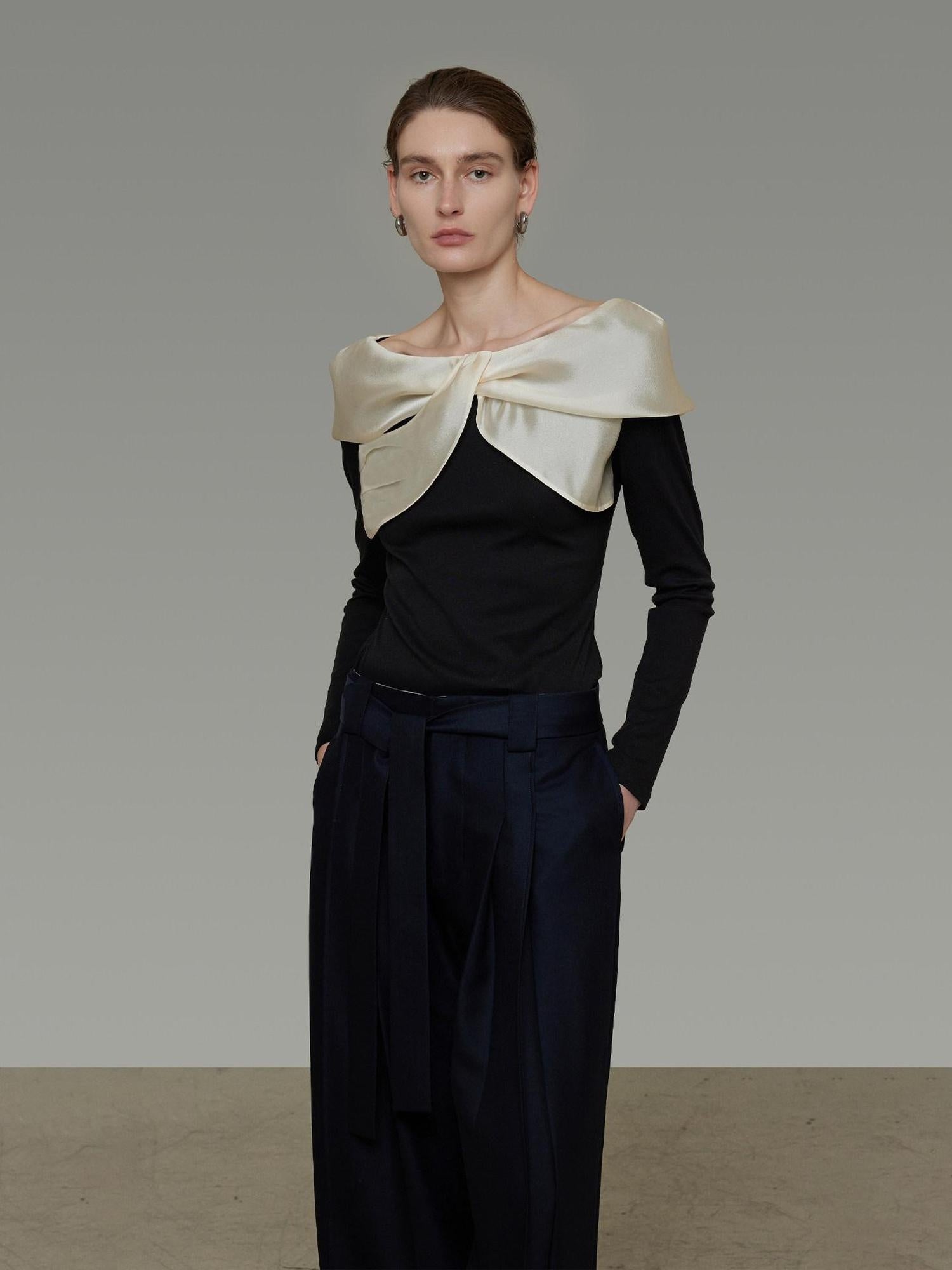 unspoken Elegant Slim Fit Knitted Contrast Bow Off Shoulder Long Sleeve Women Blouses