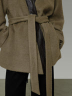 unspoken Minimal Patchwork Loose Fit V-neck Tie Closure Women Commuter Wool Coats