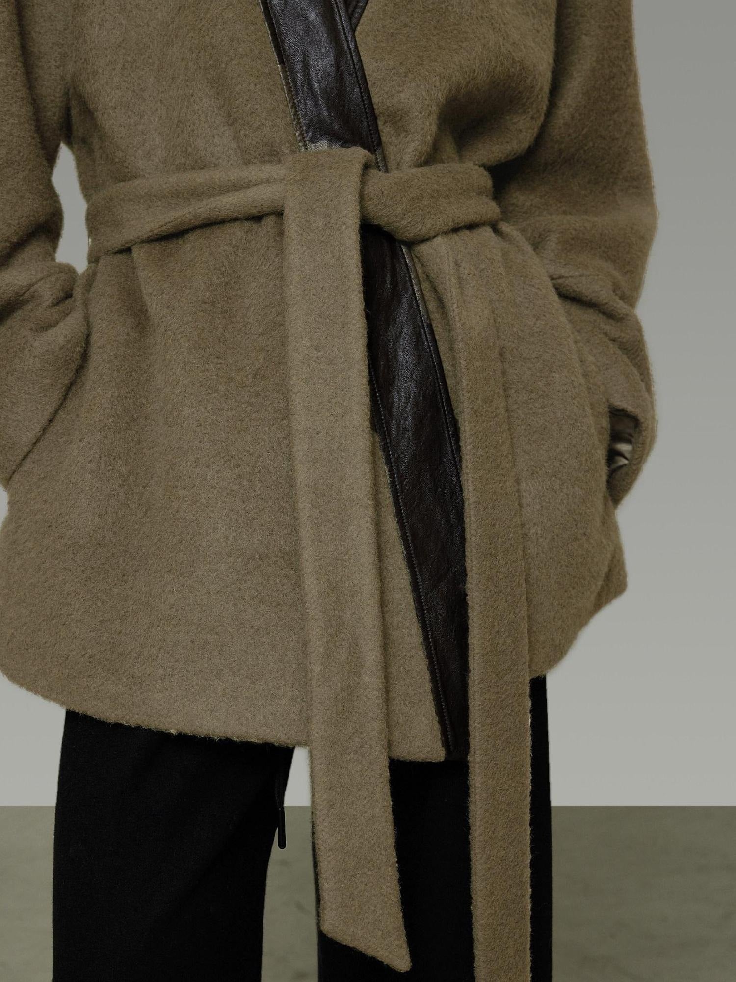 unspoken Minimal Patchwork Loose Fit V-neck Tie Closure Women Commuter Wool Coats