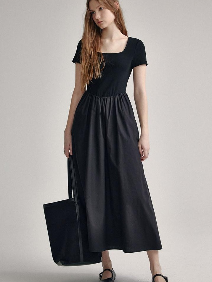 fano Cotton High Waist A Line Square Neck Short Sleeve Office Casual Maxi Dresses