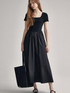 fano Cotton High Waist A Line Square Neck Short Sleeve Office Casual Maxi Dresses