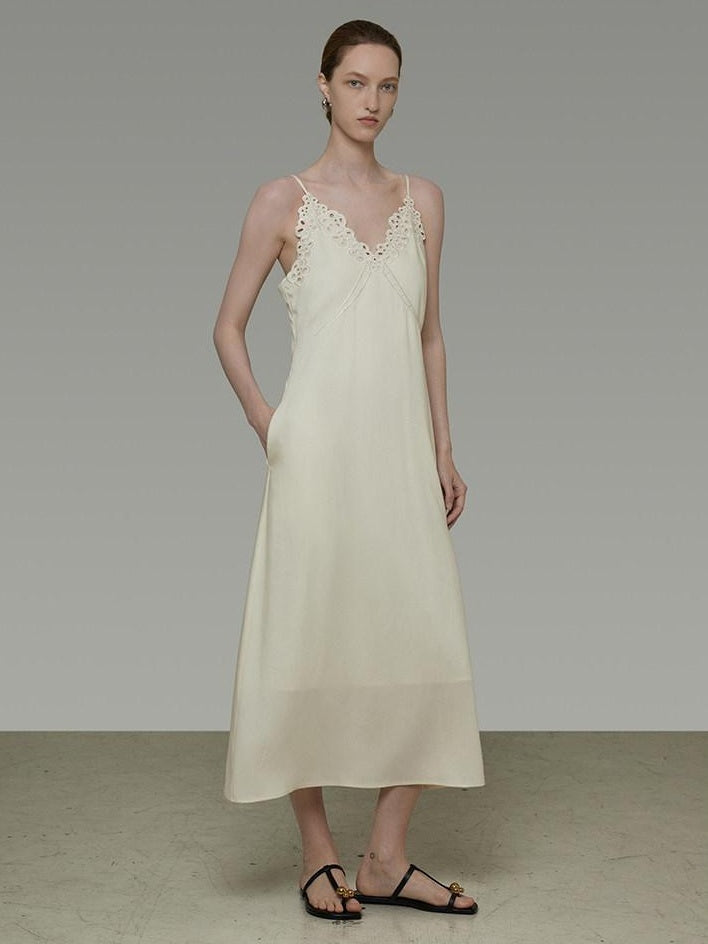 unspoken Embroidered Tencel A Line Cami V-neck Natural Waist Office White Maxi Dresses