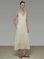 unspoken Embroidered Tencel A Line Cami V-neck Natural Waist Office White Maxi Dresses