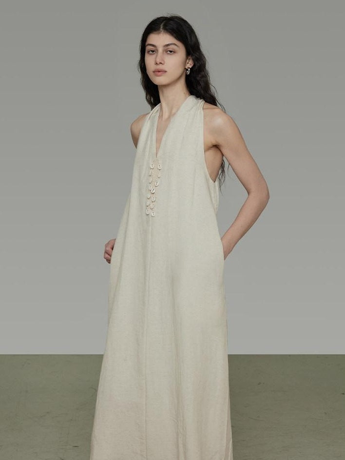 unspoken Soft Tencel Blend Minimal Halter Vneck Aline Relaxed Waist Maxi Dresses
