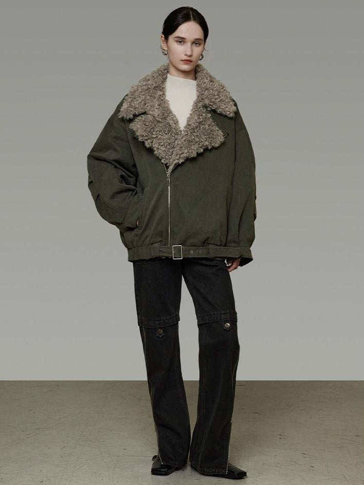 unspoken Thick Cotton Loose Fit Patchwork Commuter Zipper Dark Green Puffer Jackets