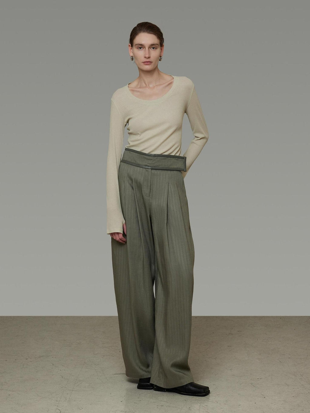 unspoken High Waist Breathable Lyocell Blend Minimal Office Moss Green Wide Leg Pants