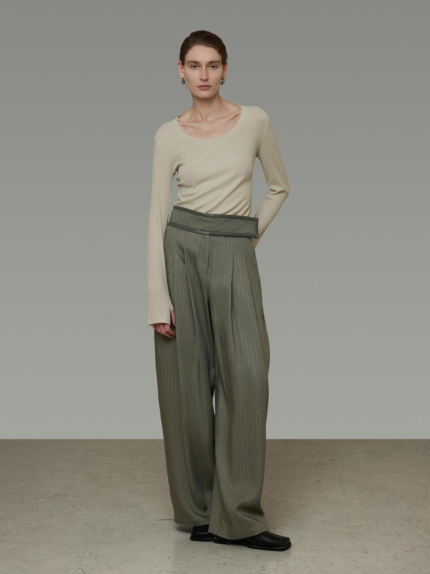 unspoken High Waist Breathable Lyocell Blend Minimal Office Moss Green Wide Leg Pants