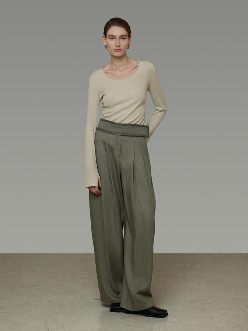 unspoken High Waist Breathable Lyocell Blend Minimal Office Moss Green Wide Leg Pants