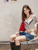 Lofi choose Cotton Blend Button Collar Loose Commuter Womens Purple Long Sleeve T-Shirts
