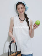 Lofi choose Chic Lace Collar Sleeveless Loose Fit Office Workwear Women White Blouses
