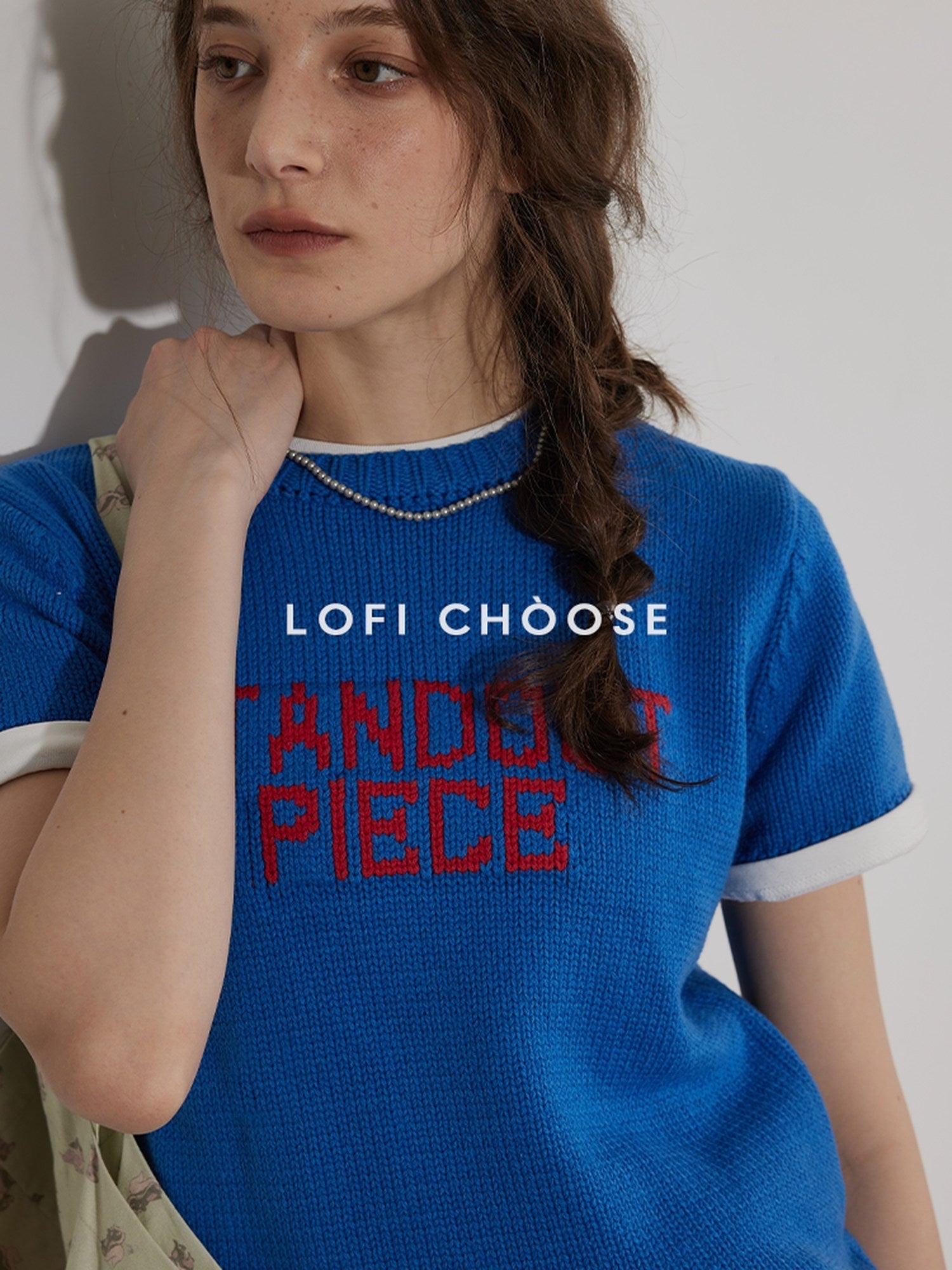 Lofi choose Relaxed Knit Button Round Neck Midlength Letter Print Blue Short Sleeve T-Shirts