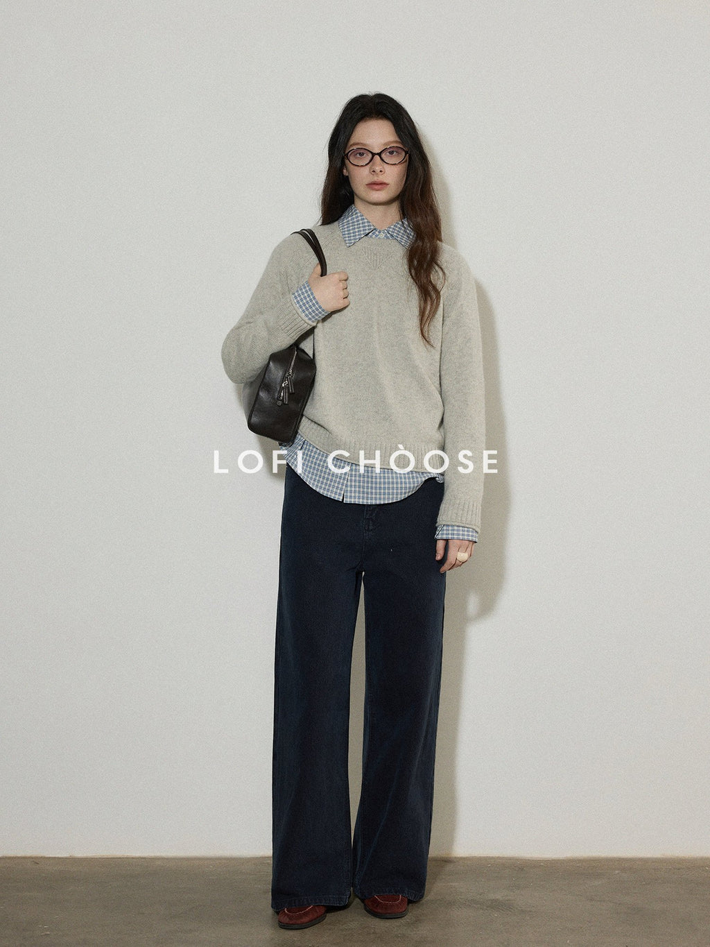 Lofi choose Wool Blend Loose Fit Rolled Hem Commuter Crew Neck Women Light Grey Sweaters