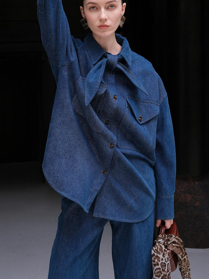 audreyyang Vintage Washed Loose Fit Bow Girls Cotton Patch Pocket Denim Jackets