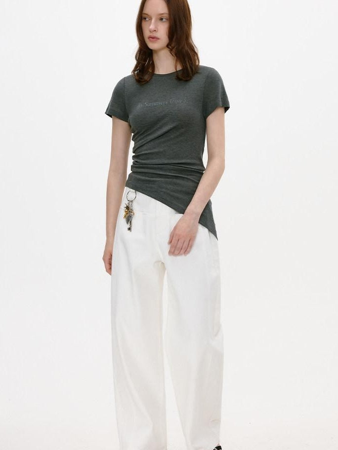 fano White Casual Loose Wide Leg Natural Waist Zipper Women Straight Pants