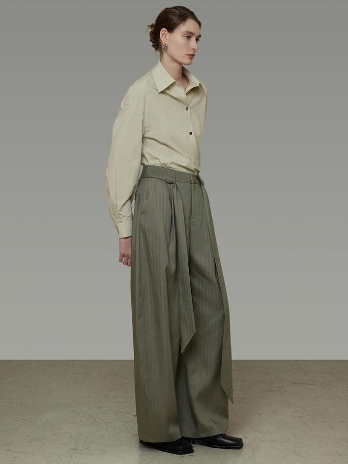 unspoken Sexy High Waist Striped Drawstring Straight Hem Office Breathable Wide Leg Pants