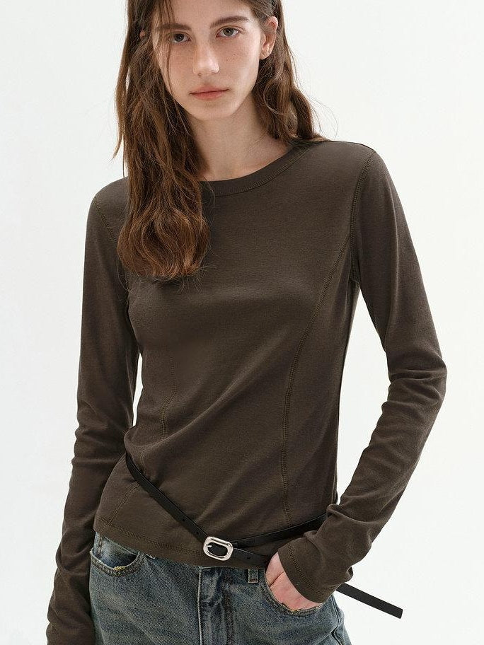 fano Lyocell Blend Slim Fit Minimal Commuter Crew Neck Women Long Sleeve T-Shirts