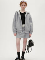 fano Hooded Zip Cotton Blend Loose Fit Minimalist Commuter Gray Top & Skirt Sets