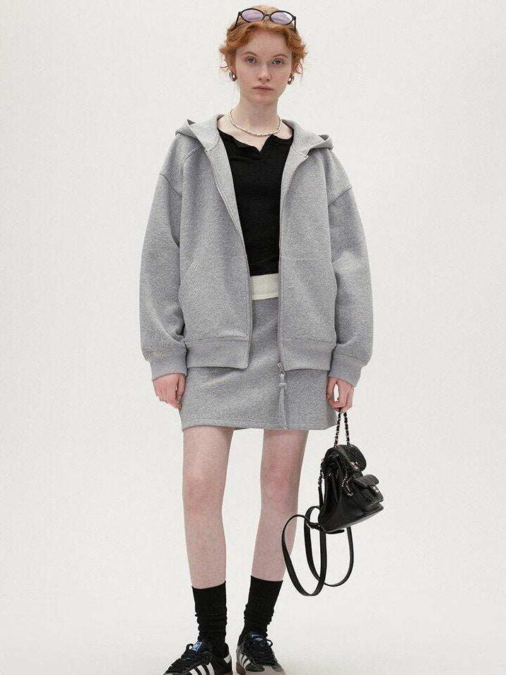 fano Hooded Zip Cotton Blend Loose Fit Minimalist Commuter Gray Top & Skirt Sets