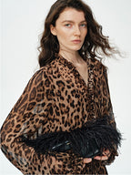 audreyyang Silk Blend Leopard Print A Line Fitted Waist Long Sleeve Vacation Maxi Dresses