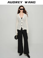 audreyyang Lightweight Openwork Slim V-neck Button Knitted Cotton Women Cardigans