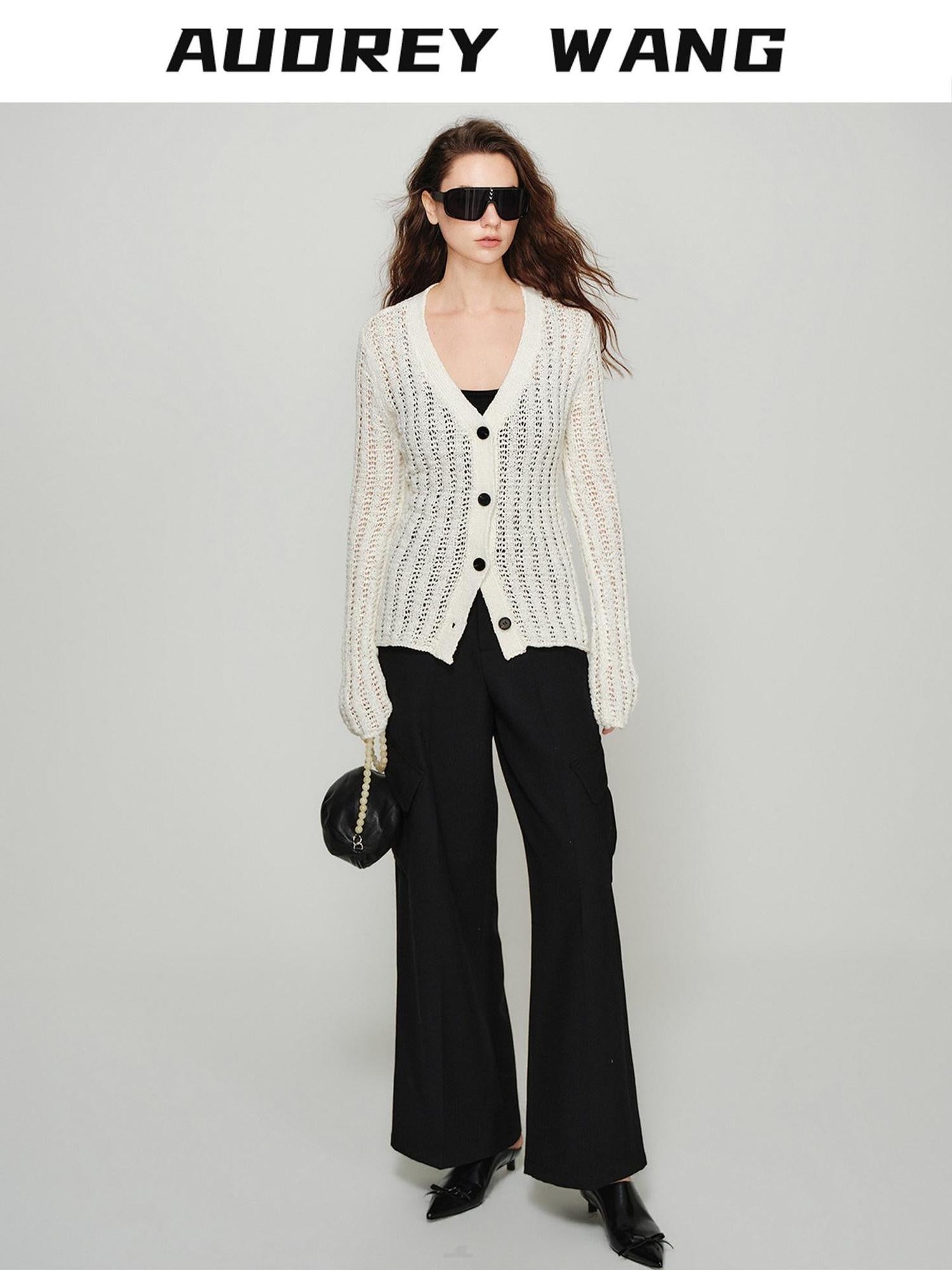 audreyyang Lightweight Openwork Slim V-neck Button Knitted Cotton Women Cardigans