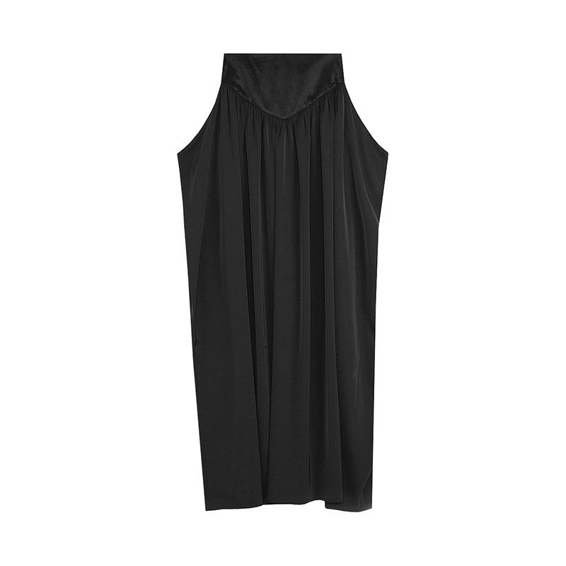 unspoken_Light_Sheen_Black_High_Waist_A_Line_Minimal_Office_Stretch_Maxi_Skirts_MISSTT