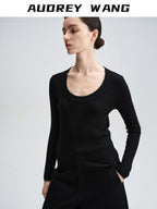 audreyyang Cozy 100% Wool Slim Fit Round Neck Pullover Women Knitwear Tops Sweaters