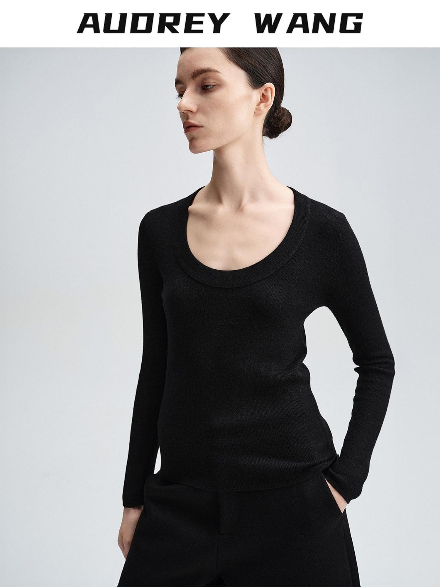 audreyyang Cozy 100% Wool Slim Fit Round Neck Pullover Women Knitwear Tops Sweaters