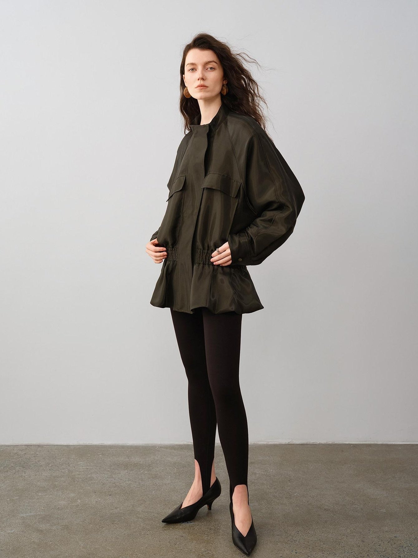 audreyyang Drawstring Techwear Loose Fit Womens Long Sleeve Button Cropped Jackets