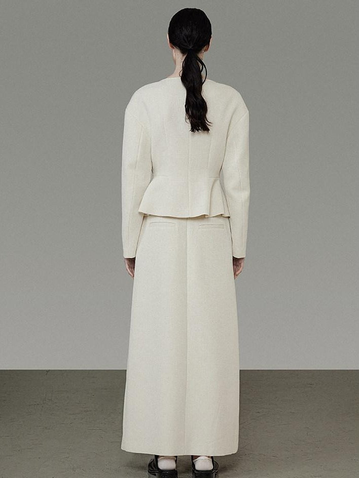 unspoken Slim Office Button Front Long Sleeve Cream Polyester Women Top & Skirt Sets