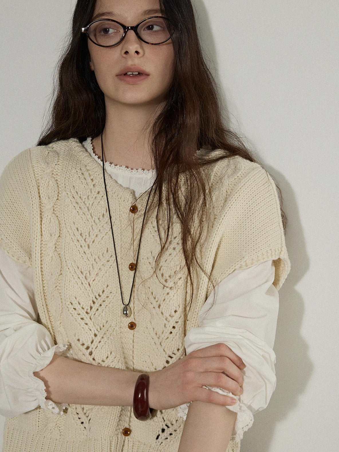 Lofi choose Versatile Openwork Short Round Neck Office Knit Women Ivory Acrylic Cardigans