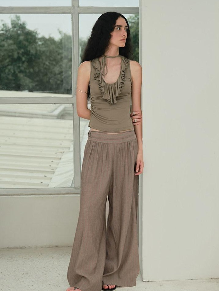someonesometimes Light Lyocell Slim Ruffle Tie Cami Workwear Women Olive Green Tank Tops