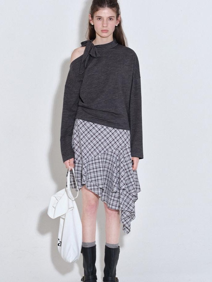 fano Plaid Asymmetric Hem Mid Waist Loose Casual Women Polyester Blend Midi Skirts