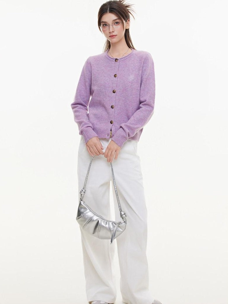 ikyou Eco Recycled Warm Commuter Loose Embroidered Knit Long Sleeve Purple Cardigans