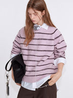 fano Soft Wool Blend Striped Cardigan Loose Fit Commuter Women Pink Knitted Sweaters