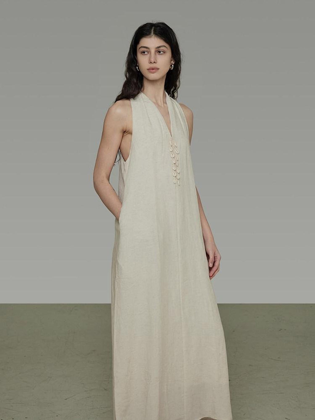 unspoken Soft Tencel Blend Minimal Halter Vneck Aline Relaxed Waist Maxi Dresses