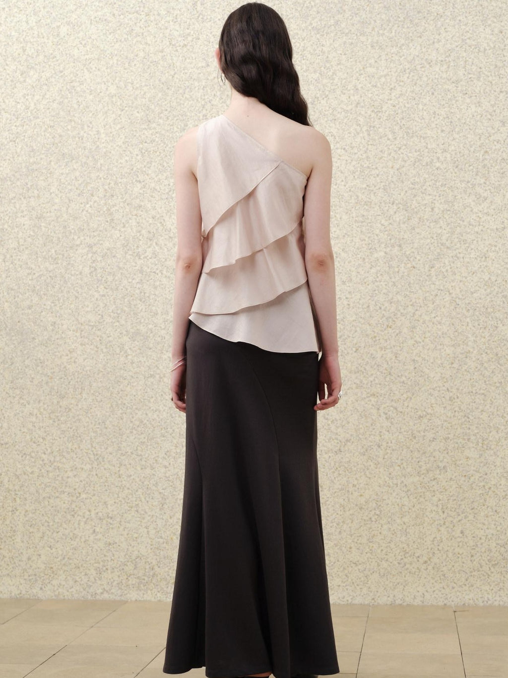 someonesometimes Ruffle One Shoulder Loose Tencel Modal Soft Mist Pink Women Top