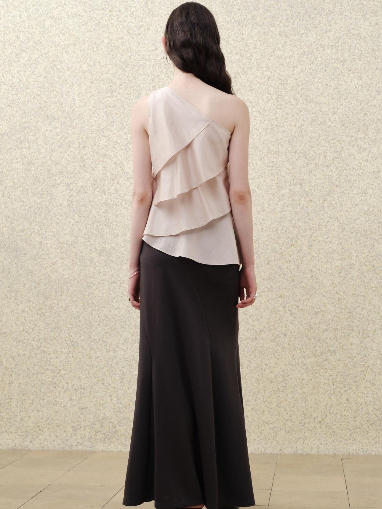 someonesometimes Ruffle One Shoulder Loose Tencel Modal Soft Mist Pink Women Top