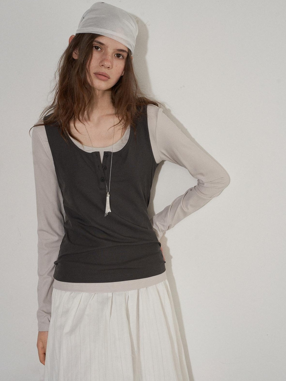 Lofi choose Slim Fit Commuter Round Neck Women Khaki Green Light Gray Long Sleeve T-Shirts