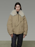 unspoken 90% White Duck Down Fur Collar Loose Commuter Khaki Zip Lapel Down Jackets